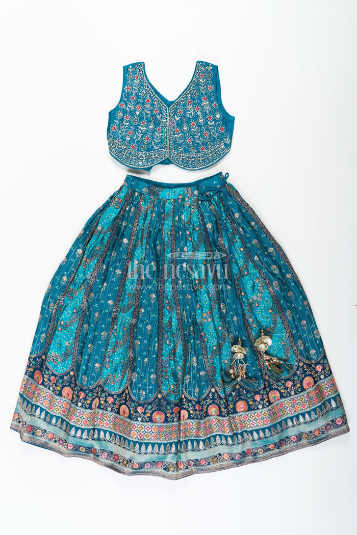 The Nesavu Girls Lehenga Choli Blue Color Lehenga Choli for Girls in Pure Viscose Silk with Mirror Embroidery and Printed Dupatta Nesavu Nesavu Blue Color Lehenga Choli for Girls in Pure Viscose Silk with Mirror Embroidery and Printed Dupatta