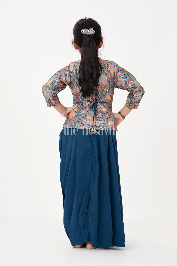 The Nesavu Girls Lehenga Choli Blue Colour Lehenga Girls Set in Glaze Organza with Paisley Digital Print and Elegant Pleated Bottom Nesavu Nesavu Blue Colour Lehenga Girls Sharara Set in Glaze Organza with Paisley Print and Pleated Bottom