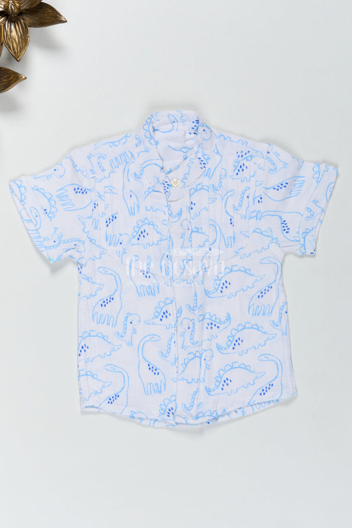 The Nesavu Boys Cotton Shirt Blue Dino Print Boys Shirt in Muslin Cotton Playful and Smart Design Nesavu 16 (1Y) / Blue BS271B-16 Nesavu Boys Muslin Cotton Dinosaur Shirt Blue Dino Prints Lightweight Everyday Comfort