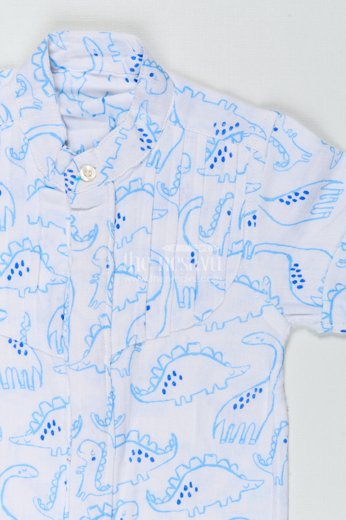 The Nesavu Boys Cotton Shirt Blue Dino Print Boys Shirt in Muslin Cotton Playful and Smart Design Nesavu Nesavu Boys Muslin Cotton Dinosaur Shirt Blue Dino Prints Lightweight Everyday Comfort