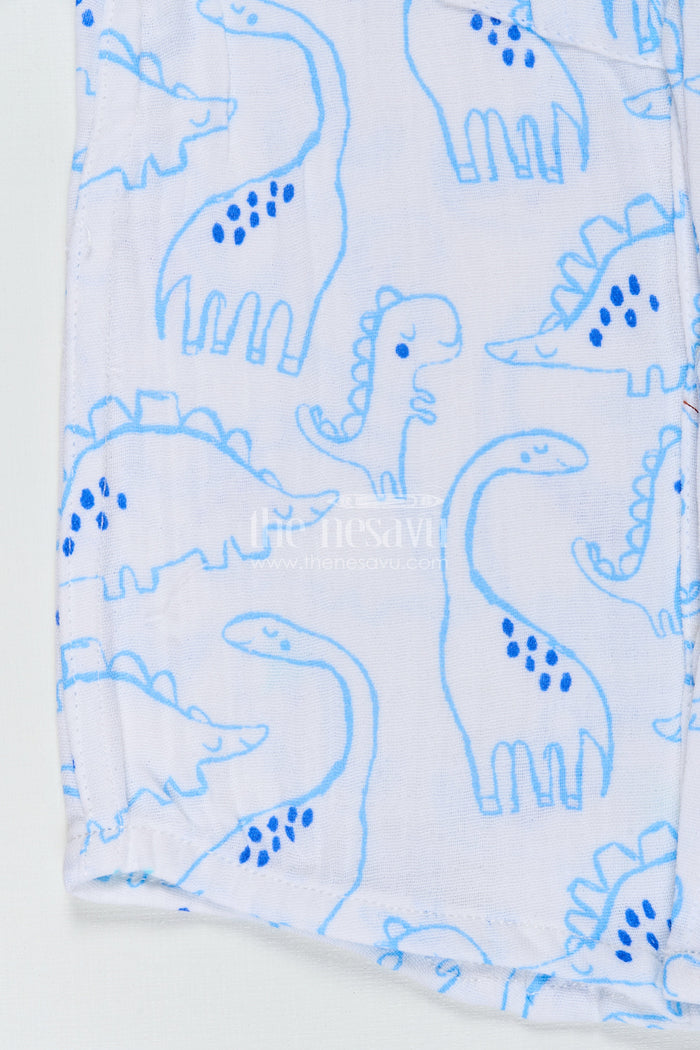 The Nesavu Boys Cotton Shirt Blue Dino Print Boys Shirt in Muslin Cotton Playful and Smart Design Nesavu Nesavu Boys Muslin Cotton Dinosaur Shirt Blue Dino Prints Lightweight Everyday Comfort