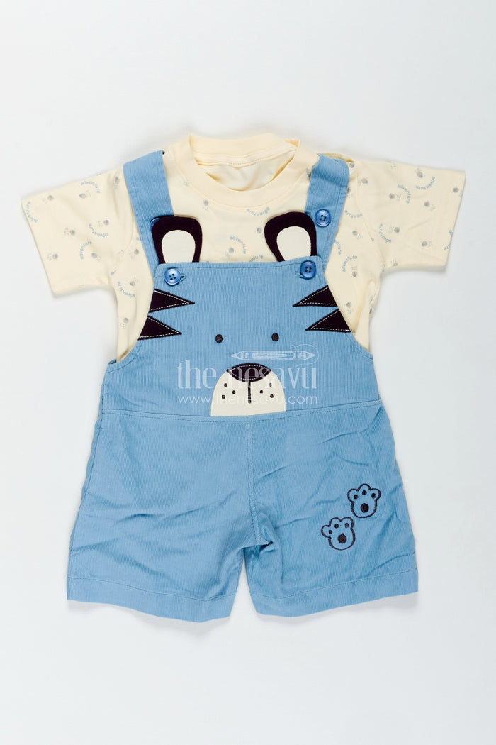 The Nesavu Boys Casual Set Blue Dungaree for Baby Boys with Animal Face Embroidery and Light Yellow Adventure Tee Nesavu 12 (3M) / Blue BCS322B-12 Nesavu Blue Dungaree Baby Boys Corduroy Overalls Adventure Print T-Shirt
