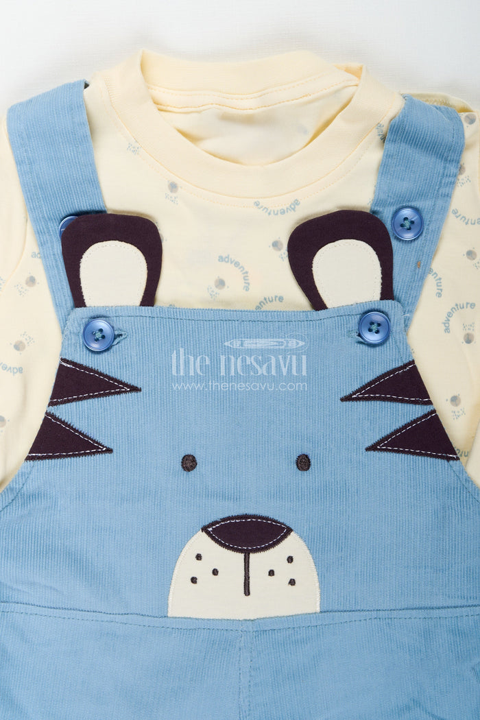 The Nesavu Boys Casual Set Blue Dungaree for Baby Boys with Animal Face Embroidery and Light Yellow Adventure Tee Nesavu Nesavu Blue Dungaree Baby Boys Corduroy Overalls Adventure Print T-Shirt