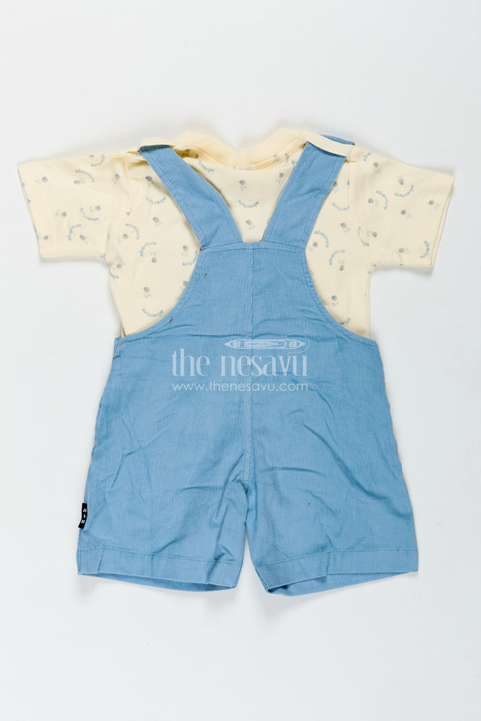 The Nesavu Boys Casual Set Blue Dungaree for Baby Boys with Animal Face Embroidery and Light Yellow Adventure Tee Nesavu Nesavu Blue Dungaree Baby Boys Corduroy Overalls Adventure Print T-Shirt