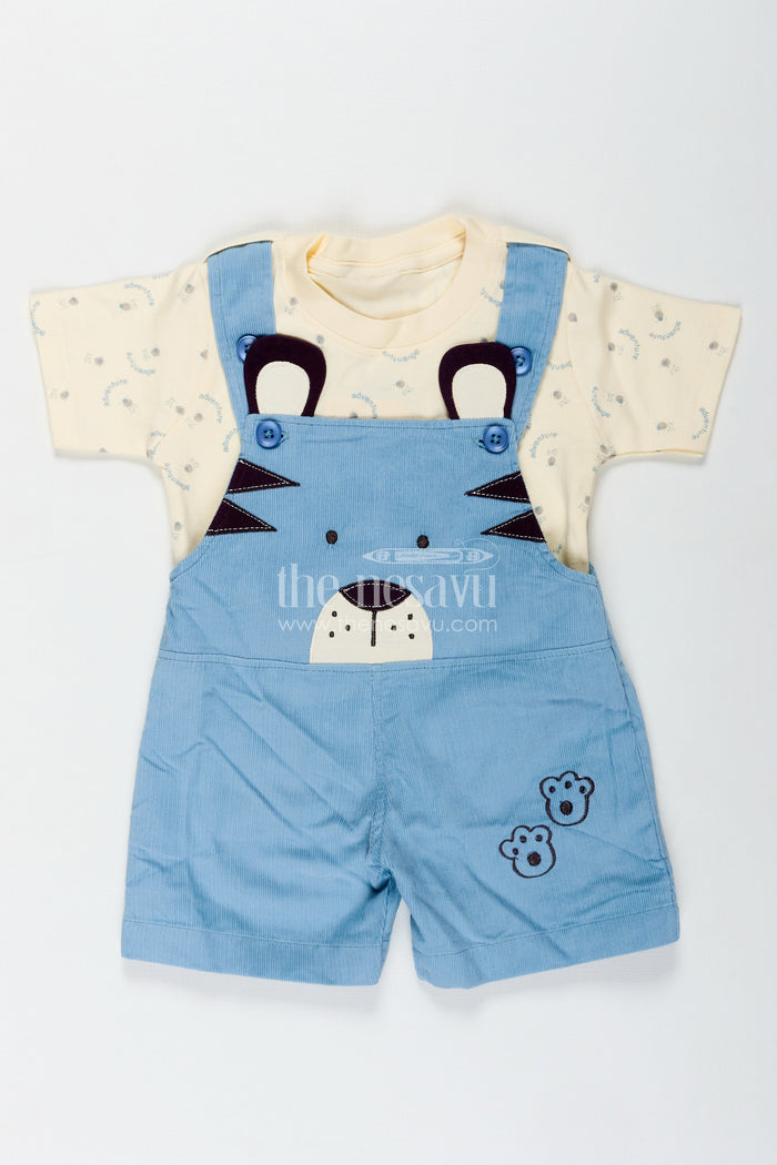 The Nesavu Boys Casual Set Blue Dungaree for Baby Boys with Animal Face Embroidery and Light Yellow Adventure Tee Nesavu Nesavu Blue Dungaree Baby Boys Corduroy Overalls Adventure Print T-Shirt