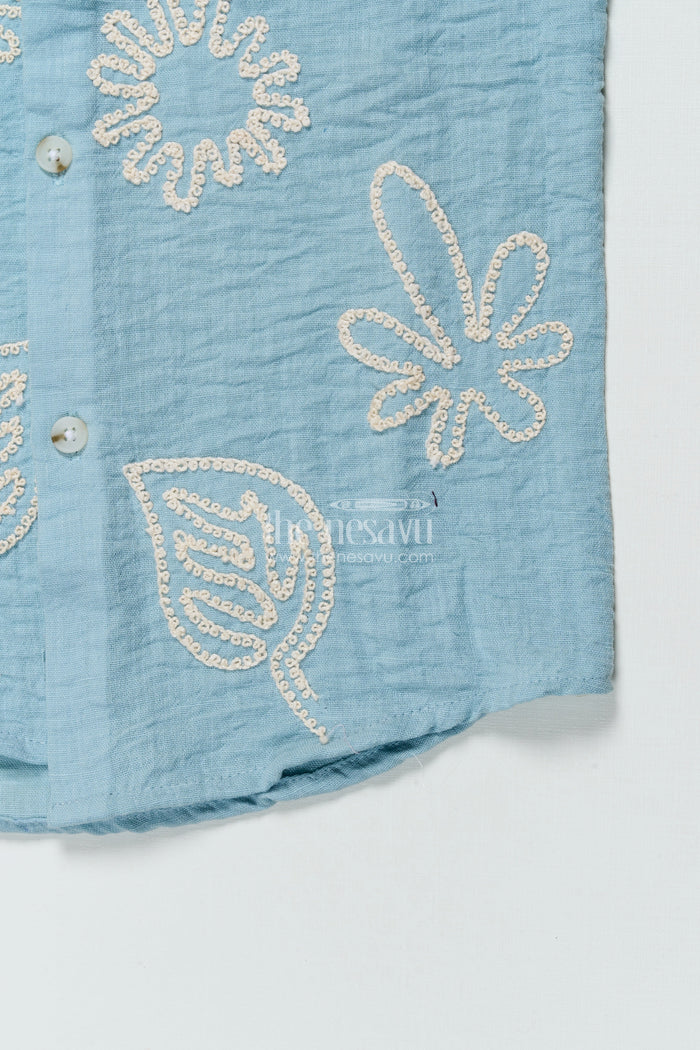 The Nesavu Boys Cotton Shirt Blue Embroidered Viscose Cotton Shirt for Boys Ethnic Casual Shirt Nesavu Boys blue embroidered viscose cotton shirt festive ethnic shirt kids