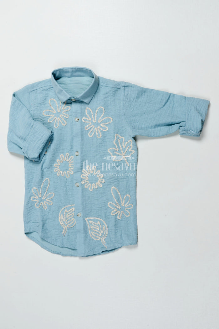 The Nesavu Boys Cotton Shirt Blue Embroidered Viscose Cotton Shirt for Boys Ethnic Casual Shirt Nesavu Boys blue embroidered viscose cotton shirt festive ethnic shirt kids