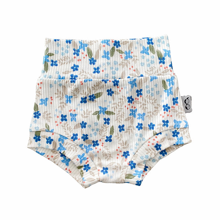 Blue Tone Dainty Flowers on White Ribbed Bummies