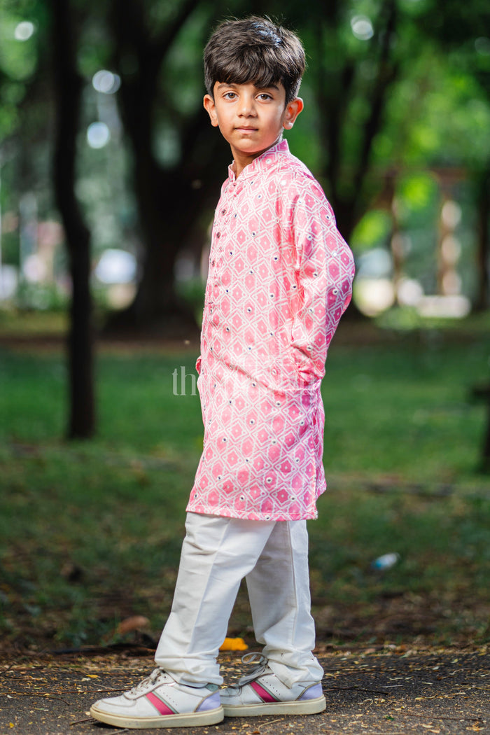 The Nesavu Boys Kurtha Set Blush Blossom: Mirror-Embroidered Geometric Printed Pink Kurta Shirt & Pant Set for Boys Nesavu Boys Ethnic Kurta Pant Ensemble | The Nesavu