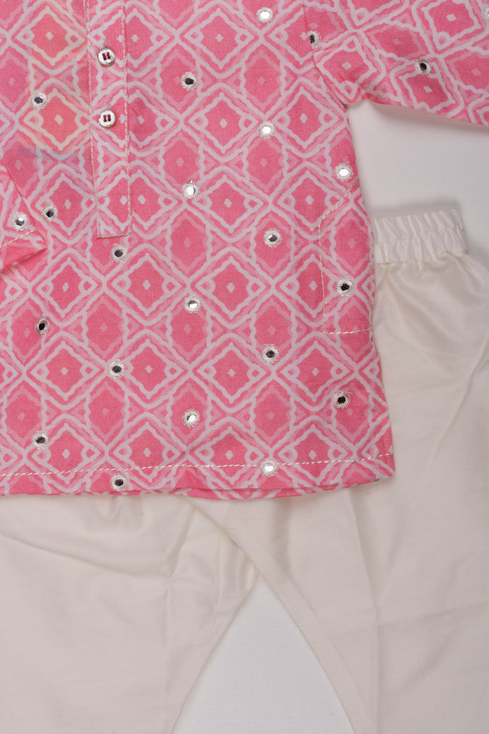 The Nesavu Boys Kurtha Set Blush Blossom: Mirror-Embroidered Geometric Printed Pink Kurta Shirt & Pant Set for Boys Nesavu Boys Ethnic Kurta Pant Ensemble | Festive Indian Outfits | The Nesavu