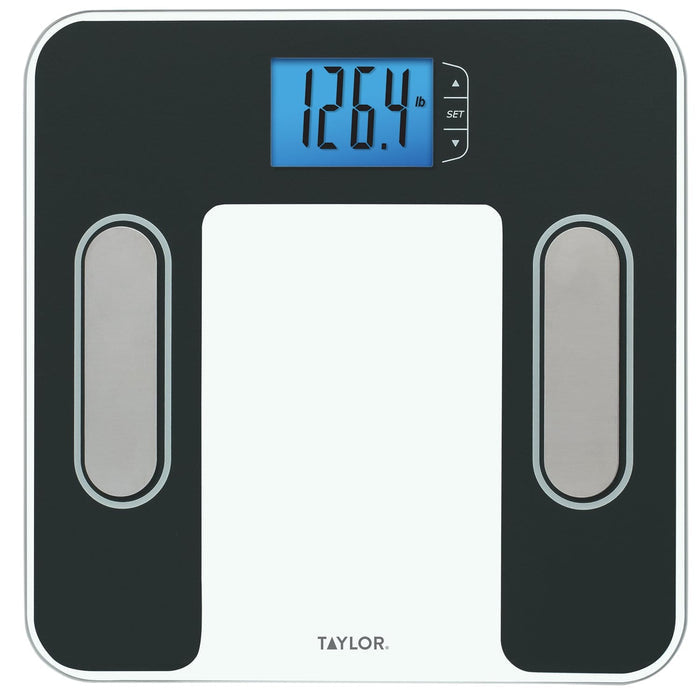Close-up of a black body composition scale with stainless steel accents and a blue backlit display.