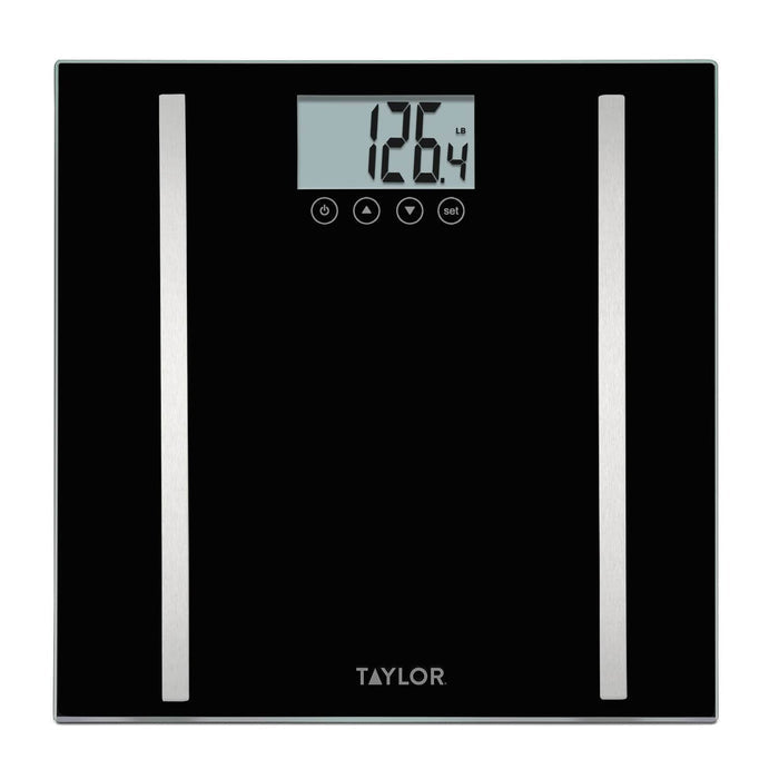 Taylor black glass body composition scale with digital display showing weight 126.4 lb
