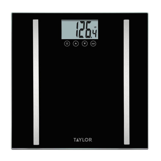 Taylor black glass body composition scale with digital display showing weight 126.4 lb