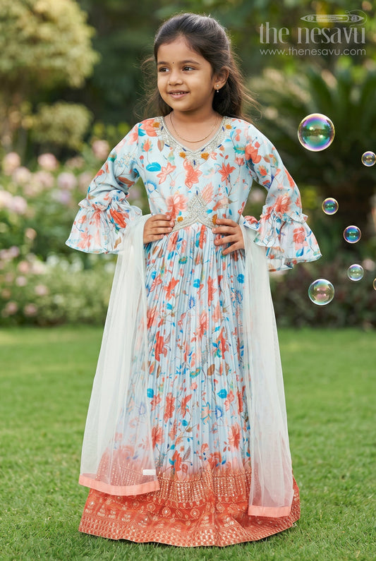 The Nesavu Girls Party Gown Bohemian Floral Aliacut Anarkali Dress for Girlsvibrant & Traditional Nesavu 24 (5Y) / Blue / Chinnon GA187A-24 Floral Print Anarkali | The Nesavu