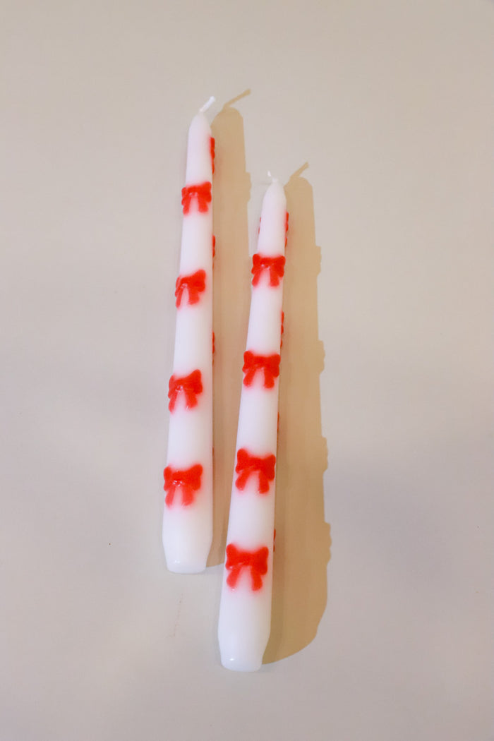 Bow Accent Taper Candles - White/Red - FINAL SALE