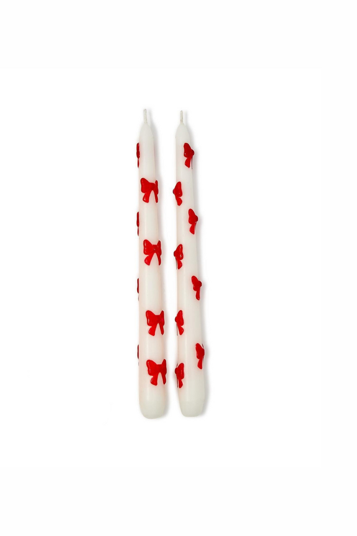 Bow Accent Taper Candles - White/Red - FINAL SALE