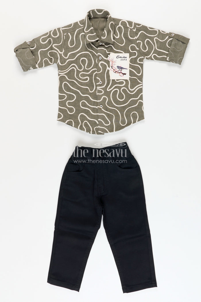 The Nesavu Boys Casual Set Boys Abstract Print Cotton Shirt Set with Trousers Comfy Everyday Fashion Nesavu Nesavu boys cotton shirt pants abstract embroidery  casual daily wear
