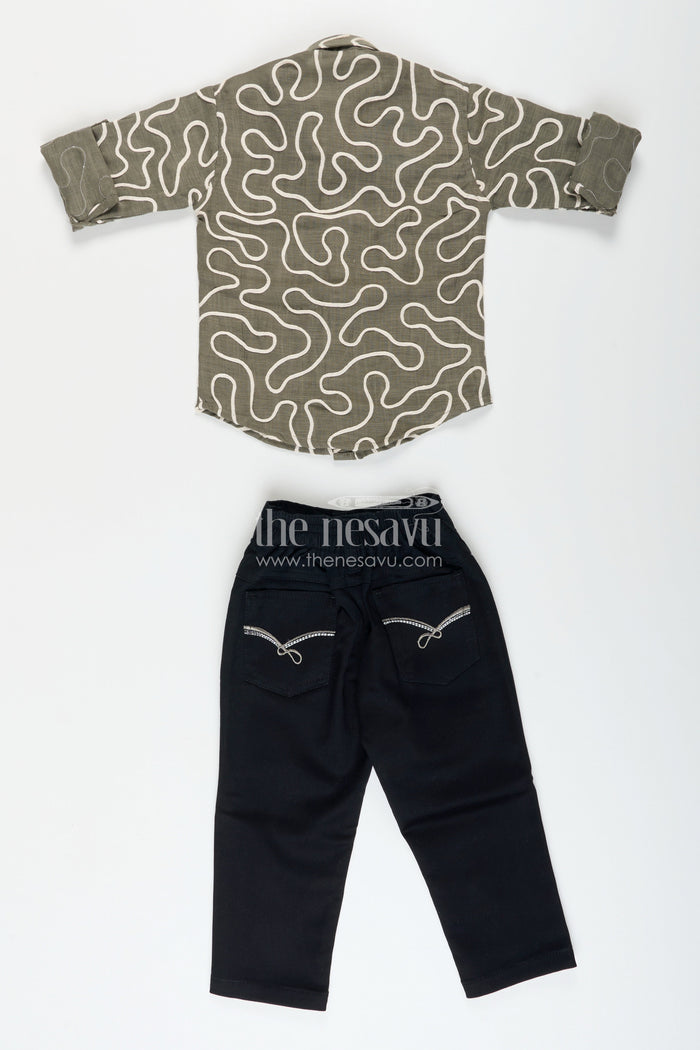 The Nesavu Boys Casual Set Boys Abstract Print Cotton Shirt Set with Trousers Comfy Everyday Fashion Nesavu Nesavu boys cotton shirt pants abstract embroidery  casual daily wear