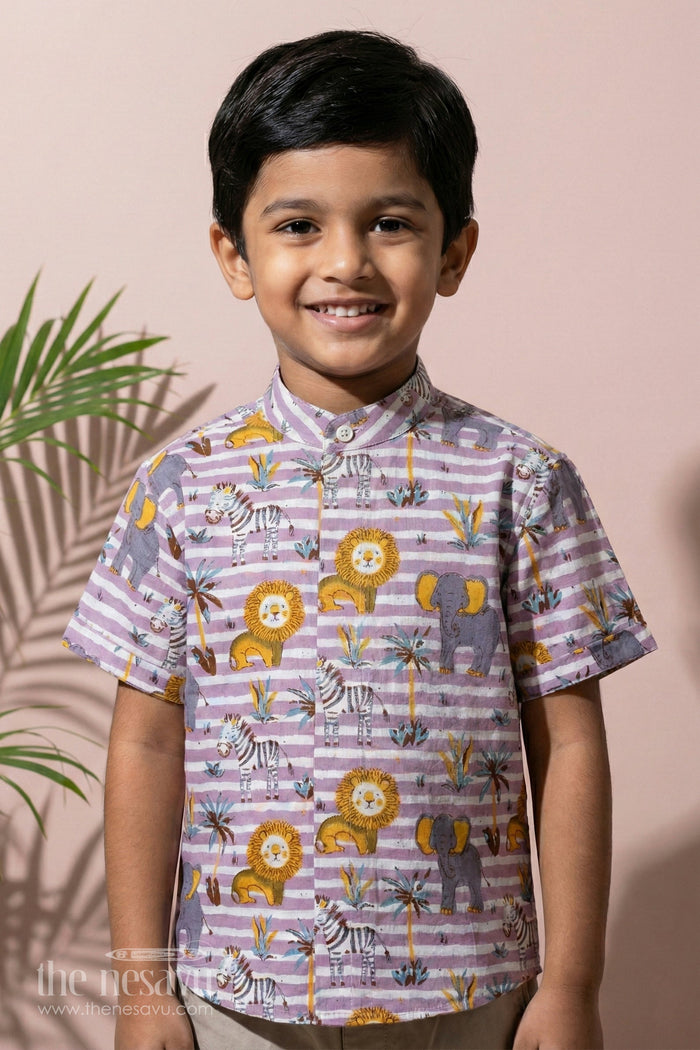 The Nesavu Boys Cotton Shirt Boys Animal Print Casual Dress Shirt in Cotton Block Print with Safari-Inspired Design Nesavu 16 (1Y) / Purple BS241A-16 Boys Animal Print Casual Dress Shirt Cotton Block Print Safari Theme | The Nesavu