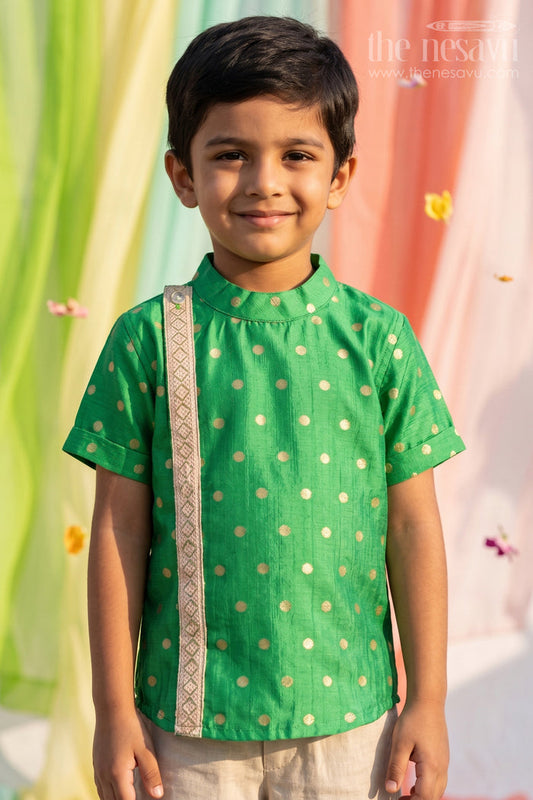 The Nesavu Boys Silk Shirt Boys Banaras Silk Shirt Dress with Gold Buttas and Side Embellishment in Festive Green Tone Nesavu 16 (1Y) / Green BS252B-16 Boys Banaras Silk Shirt Dress Golden Dot Pattern Decorative Trim Green | The Nesavu