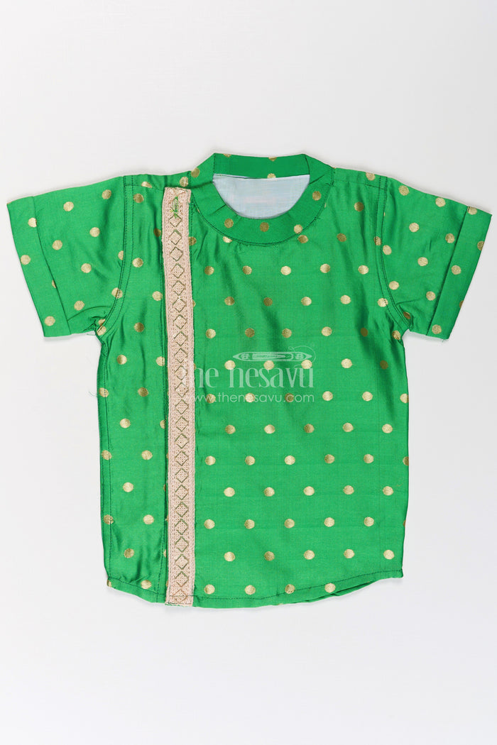 The Nesavu Boys Silk Shirt Boys Banaras Silk Shirt Dress with Gold Buttas and Side Embellishment in Festive Green Tone Nesavu Boys Banaras Silk Shirt Dress Golden Dot Pattern Decorative Trim Green | The Nesavu