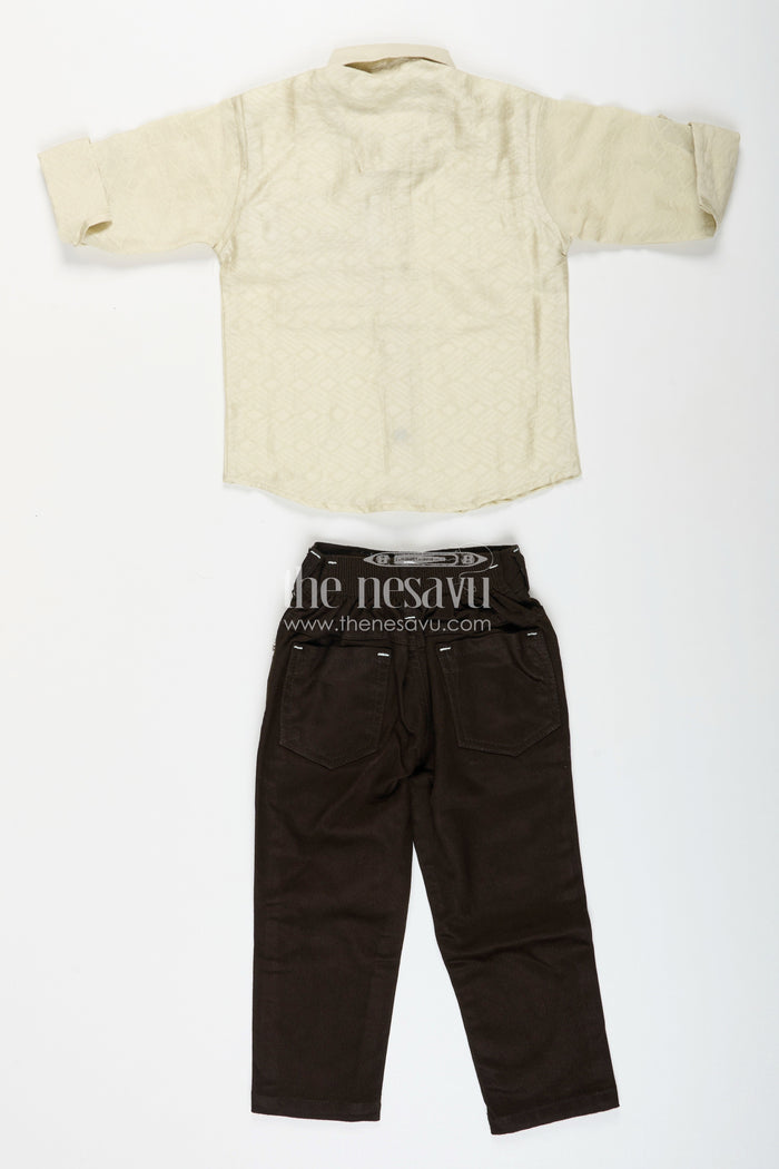 The Nesavu Boys Casual Set Boys beige and black cotton casual shirt and pants set Nesavu Nesavu boys cotton blend shirt and pant set in beige and black casual festive outfit for toddlers