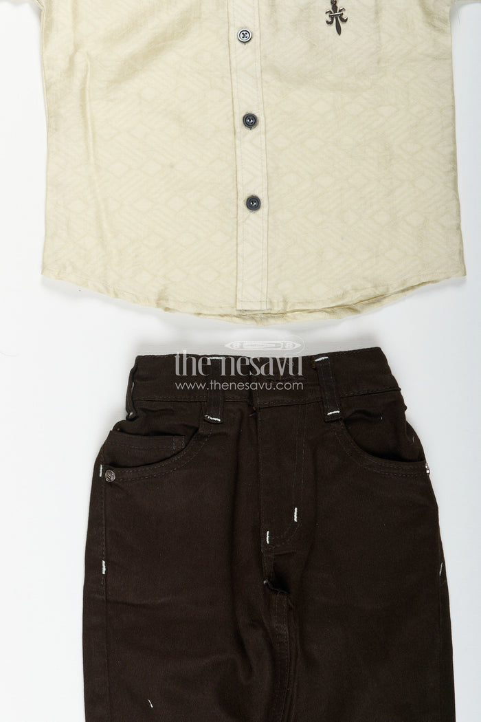 The Nesavu Boys Casual Set Boys beige and black cotton casual shirt and pants set Nesavu Nesavu boys cotton blend shirt and pant set in beige and black casual festive outfit for toddlers
