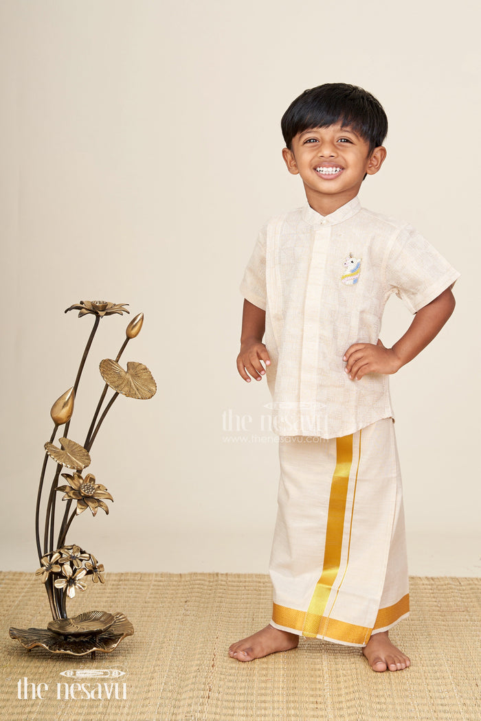 The Nesavu Boys Shirts Boys Beige Tissue Kurta Shirt Traditional Wear For Weddings And Poojas Nesavu 16 (1Y) / Cream BS297A-16 Nesavu Boys Beige Tissue Kurta Shirt Traditional Wear Weddings Poojas