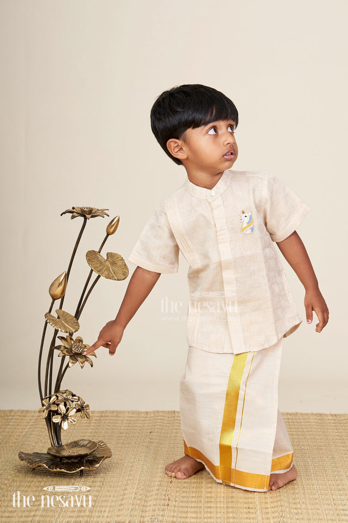 The Nesavu Boys Shirts Boys Beige Tissue Kurta Shirt Traditional Wear For Weddings And Poojas Nesavu Nesavu Boys Beige Tissue Kurta Shirt Traditional Wear Weddings Poojas