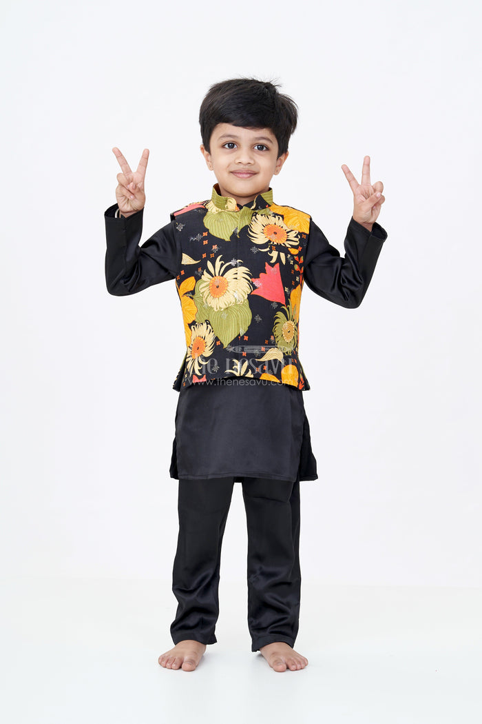 The Nesavu Boys Jacket Sets Boys Black Kurtha with Vibrant Floral Printed Jacket and Viscose Silk Blend Fabric Nesavu 16 (1Y) / Black BES662A-16 Nesavu Boys Black Kurtha Vibrant Floral Printed Jacket Viscose Silk Blend Fabric