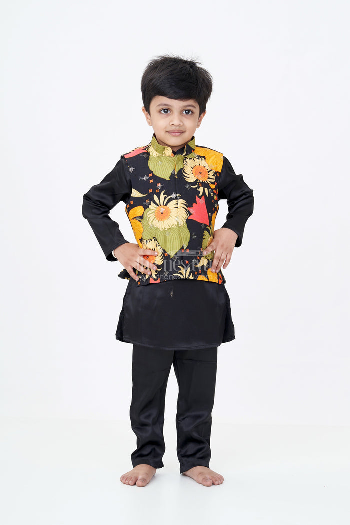 The Nesavu Boys Jacket Sets Boys Black Kurtha with Vibrant Floral Printed Jacket and Viscose Silk Blend Fabric Nesavu Nesavu Boys Black Kurtha Vibrant Floral Printed Jacket Viscose Silk Blend Fabric