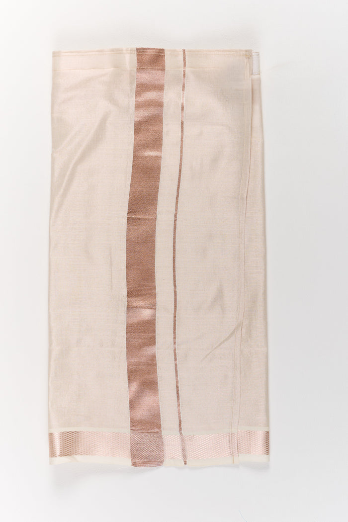 The Nesavu Boys Vesti Boys Blend Silk Vesti with Copper Zari Border for Hindu Festive Celebrations Nesavu 18 (2Y) / Beige D017A-18 Nesavu Boys Blend Silk Vesti Copper Zari Border Traditional Hindu Ceremonies