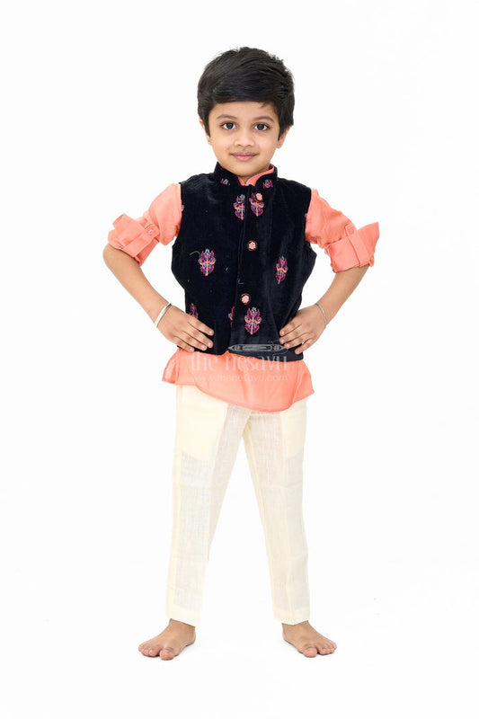 The Nesavu Boys Dothi Set Boys Blue and Peach Kurta Set with Embroidered Nehru Jacket and Cream Pants for Festive Wear Nesavu 14 (6M) / Blue BES625A-14 Nesavu Boys Blue Peach Kurta Set Embroidered Nehru Jacket Cream Pants Weddings