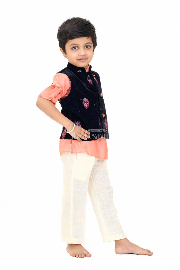 The Nesavu Boys Dothi Set Boys Blue and Peach Kurta Set with Embroidered Nehru Jacket and Cream Pants for Festive Wear Nesavu Nesavu Boys Blue Peach Kurta Set Embroidered Nehru Jacket Cream Pants Weddings