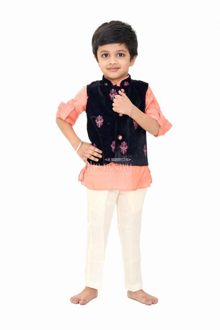 The Nesavu Boys Dothi Set Boys Blue and Peach Kurta Set with Embroidered Nehru Jacket and Cream Pants for Festive Wear Nesavu Nesavu Boys Blue Peach Kurta Set Embroidered Nehru Jacket Cream Pants Weddings