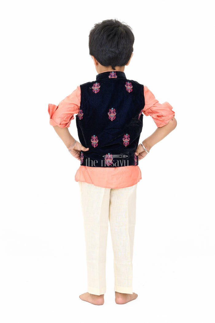 The Nesavu Boys Jacket Sets Boys Blue and Peach Kurta Set with Embroidered Nehru Jacket and Cream Pants for Festive Wear Nesavu Boys Blue Peach Kurta Set Embroidered Nehru Jacket Cream Pants Weddings | The Nesavu