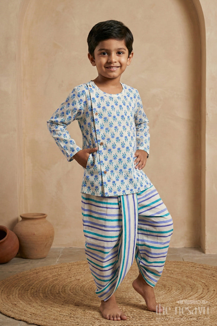 The Nesavu Boys Dothi Set Boys Blue Floral Dhoti Kurta Dress with Striped Cotton Dhoti for Ethnic Wear Nesavu 12 (3M) / Blue BES633A-12 Boys Floral Printed Dhoti Kurta Dress Blue Green Striped Dhoti | The Nesavu