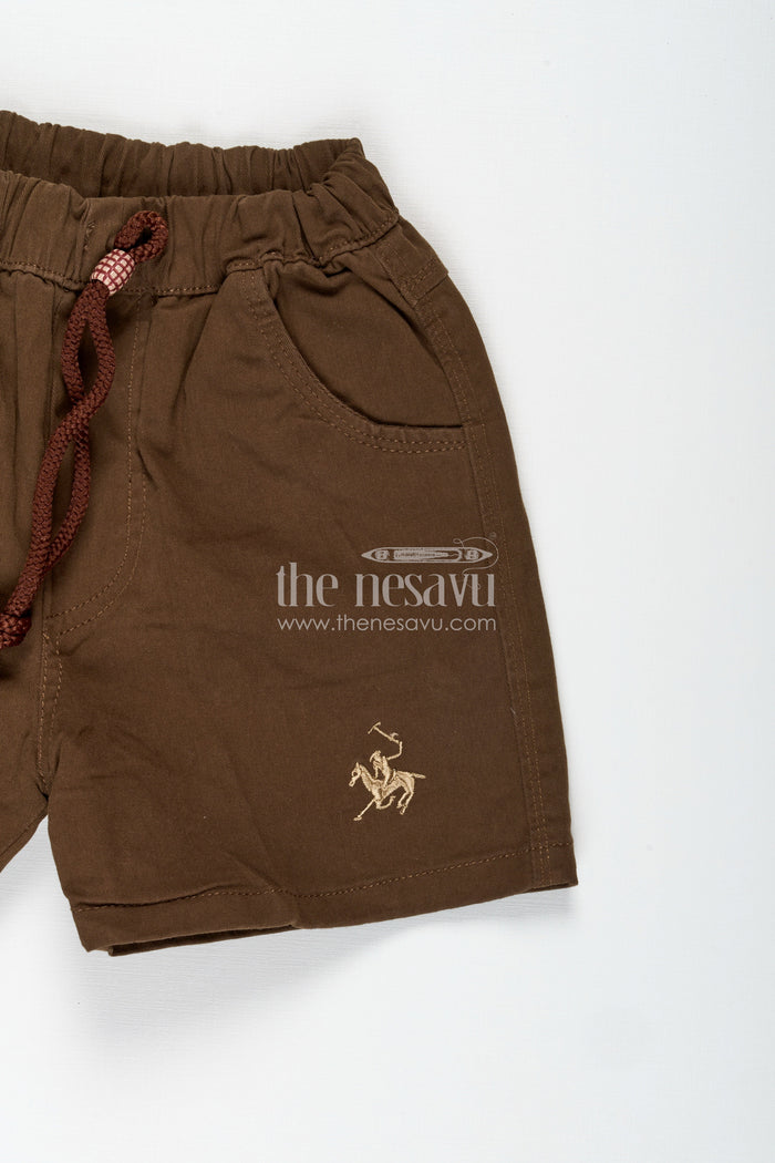 The Nesavu Boys Shorts Boys Brown Cotton Shorts with Drawstring Waist and Embroidery in Brown Short Shorts Style Nesavu Nesavu Boys Brown Cotton Shorts Embroidered Detail Adjustable Drawstring Waist