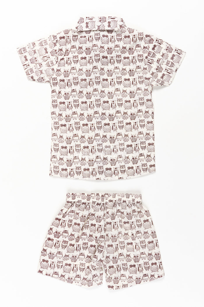 The Nesavu Boys Casual Set Boys Brown Shirt and Shorts Set in Cotton with Owl Digital Print for Smart Casual Styling Nesavu Nesavu Boys Brown Shirt Shorts Set Cotton Whimsical Owl Digital Print