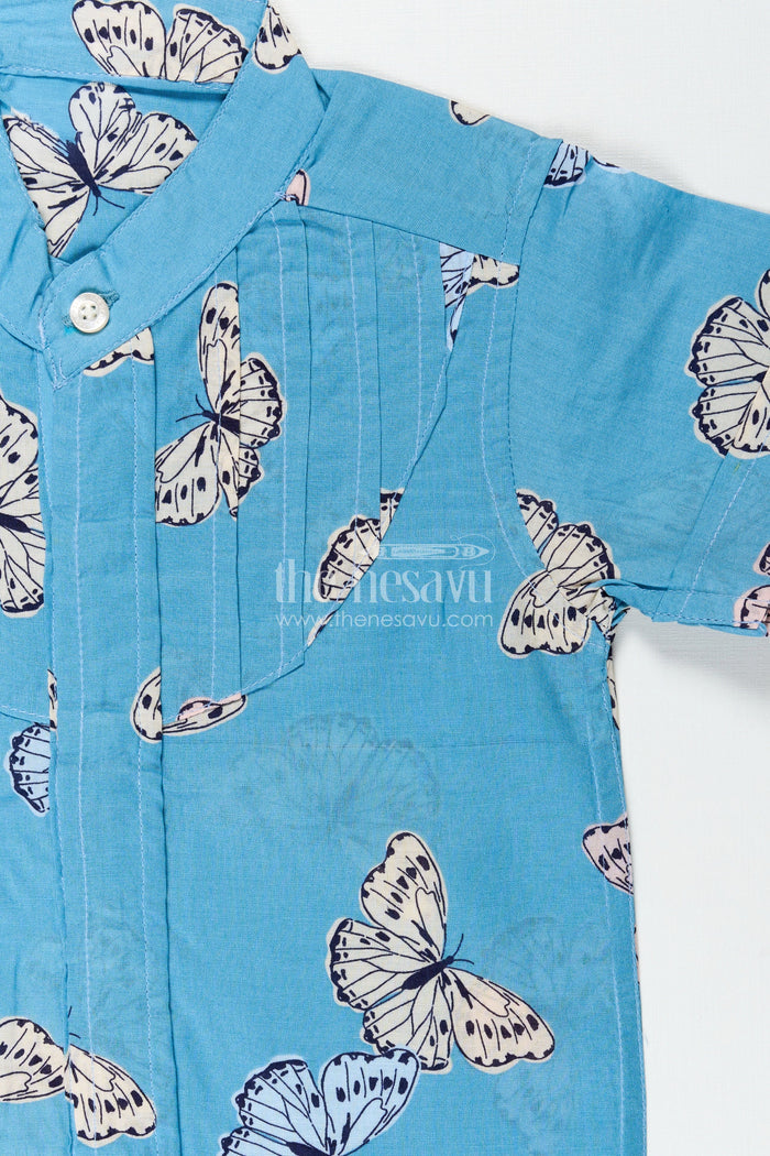 The Nesavu Boys Cotton Shirt Boys Butterfly Print Summer Cotton Shirt in Soft Blue Nature Theme Design Nesavu Nesavu Boys Cotton Summer Shirt Butterfly Print Soft Blue a Cool Nature Inspired Look