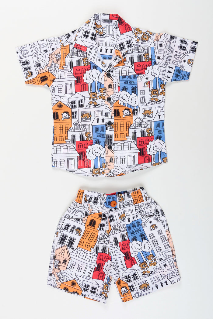 The Nesavu Boys Casual Set Boys cartoon city printed shirt and shorts set for everyday wear Nesavu 16 (1Y) / Multicolor BCS395B-16 Nesavu boys cotton cartoon printed co-ord set perfect for casual wear and summer playdates