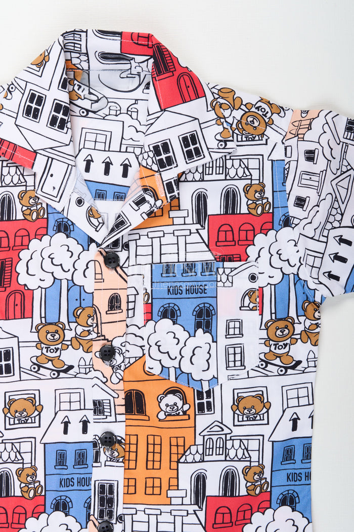 The Nesavu Boys Casual Set Boys cartoon city printed shirt and shorts set for everyday wear Nesavu Nesavu boys cotton cartoon printed co-ord set perfect for casual wear and summer playdates