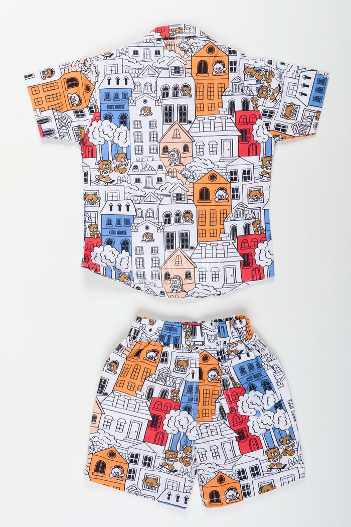 The Nesavu Boys Casual Set Boys cartoon city printed shirt and shorts set for everyday wear Nesavu Nesavu boys cotton cartoon printed co-ord set perfect for casual wear and summer playdates