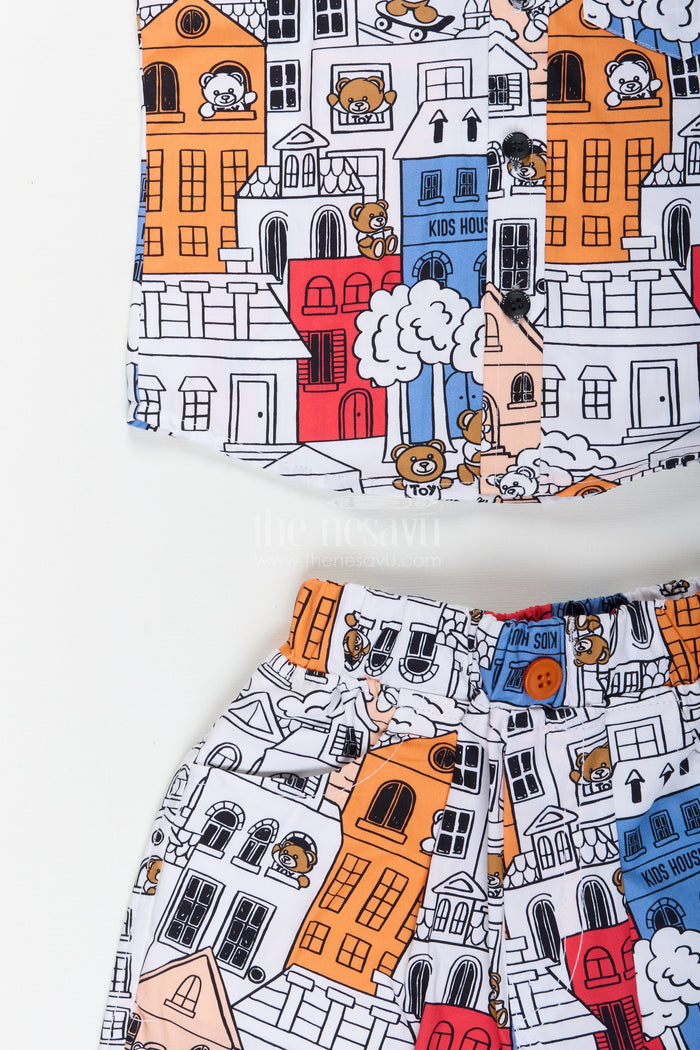 The Nesavu Boys Casual Set Boys cartoon city printed shirt and shorts set for everyday wear Nesavu Nesavu boys cotton cartoon printed co-ord set perfect for casual wear and summer playdates
