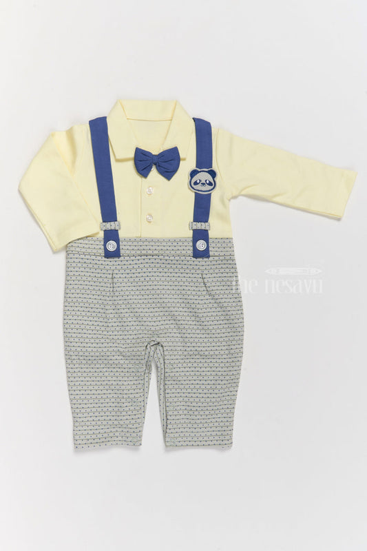 The Nesavu Boys Casual Set Boys Casual and Formal Cotton Attire with Yellow Shirt, Printed Dungarees, and Bow Tie Nesavu 12 (3M) / Yellow BCS205A-12 Nesavu Boys Cotton Casual Formal Attire Yellow Shirt Printed Grey Dungarees Bow Tie
