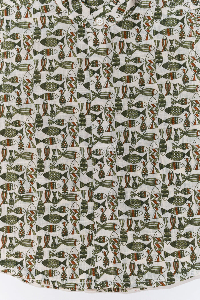 The Nesavu Boys Cotton Shirt Boys Casual Cotton Shirts in Block Print with Classic Fish Motif for Everyday Wear Nesavu Nesavu Boys Casual Cotton Shirt Block Print Fish Motif Everyday Comfort