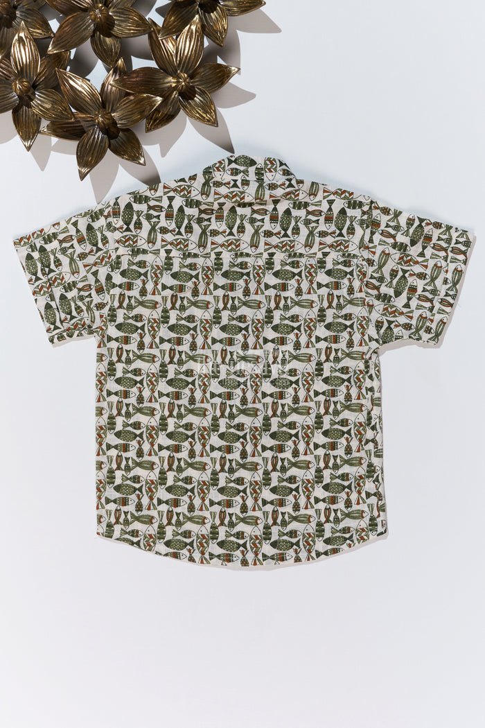 The Nesavu Boys Cotton Shirt Boys Casual Cotton Shirts in Block Print with Classic Fish Motif for Everyday Wear Nesavu Nesavu Boys Casual Cotton Shirt Block Print Fish Motif Everyday Comfort