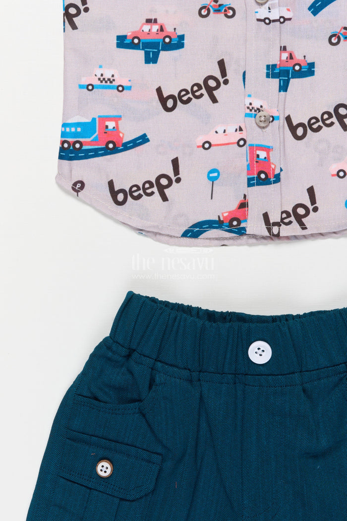The Nesavu Boys Casual Set Boys Casual Outfit with Car Print for Playful Dressing and Holidays Nesavu Nesavu boys car print cotton set shorts holidays weekend play casual wear