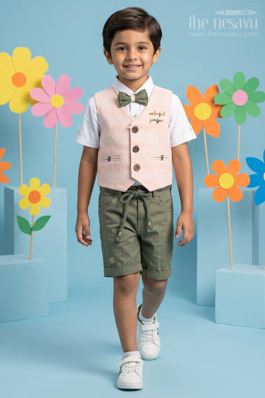 The Nesavu Boys Casual Set Boys Casual Set with Peach Vest, Green Shorts, and Giraffe Embroidery for Semi-Formal Events Nesavu 14 (6M) / Peach BCS068B-14 Nesavu Boys Peach Vest Green Shorts Set Giraffe Embroidery Casual Semi-Formal Events