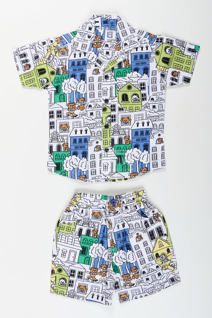 The Nesavu Boys Casual Set Boys cityscape printed cotton co-ord set in green and blue tones Nesavu 16 (1Y) / Multicolor BCS395A-16 Nesavu boys cityscape print cotton co-ord set in green fun casual outfit for toddlers